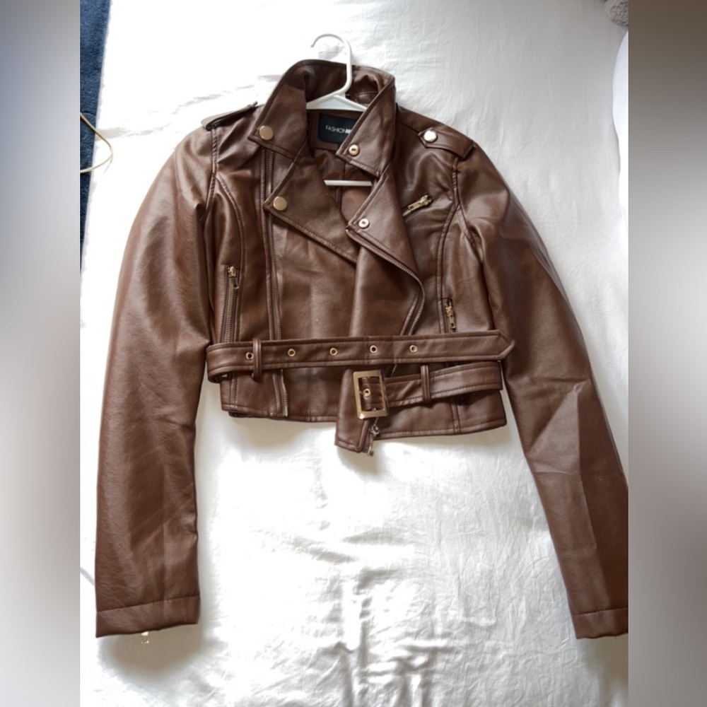 Fashion Nova: Women's Brown and Gold Leather jacket